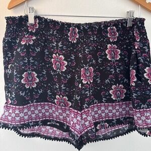 Maurices Floral Shorts Sz Large Black and Pink Boho Casual Comfy Elastic Waist